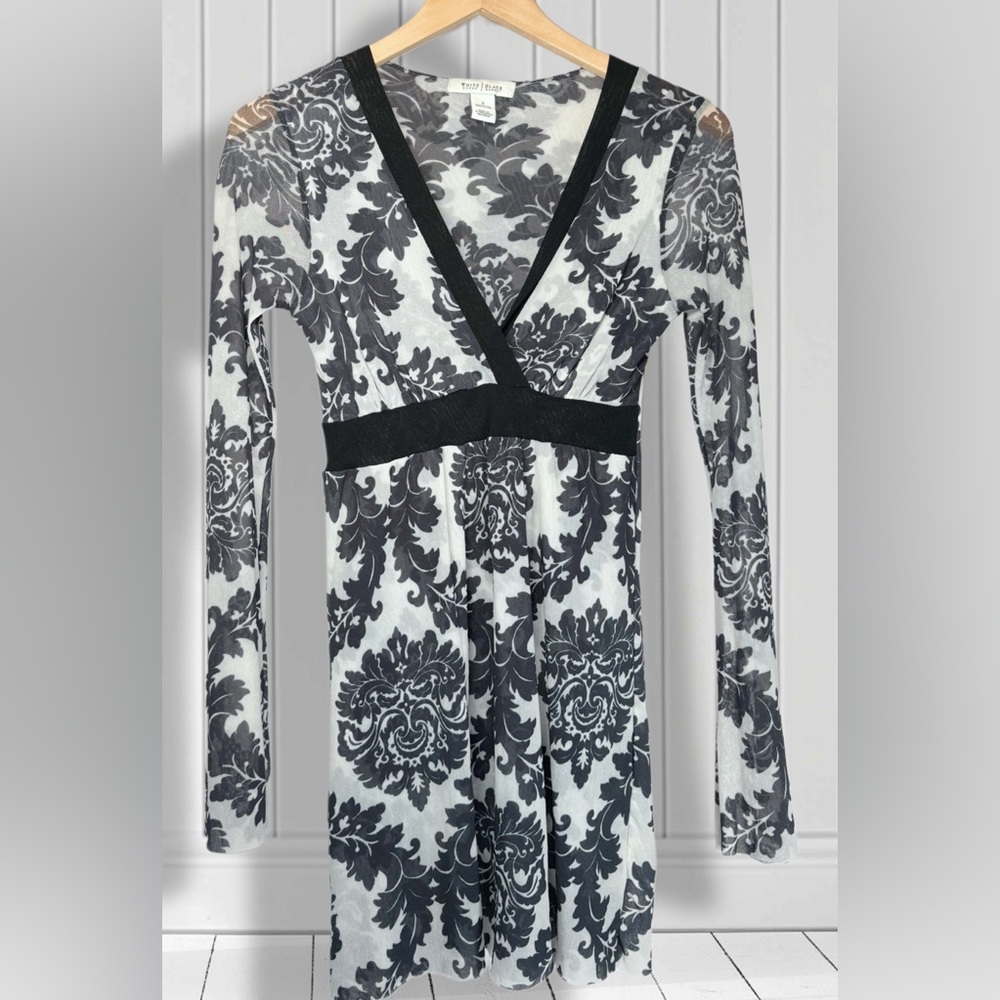 Black and White Floral Baroque Babydoll Long Sleeve Dress Y2K